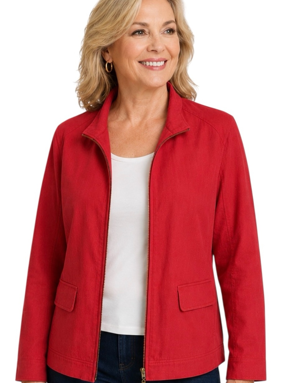 Susan Graver Jacket Womens Medium Red Denim Zip Pockets Long Sleeve Stretch
